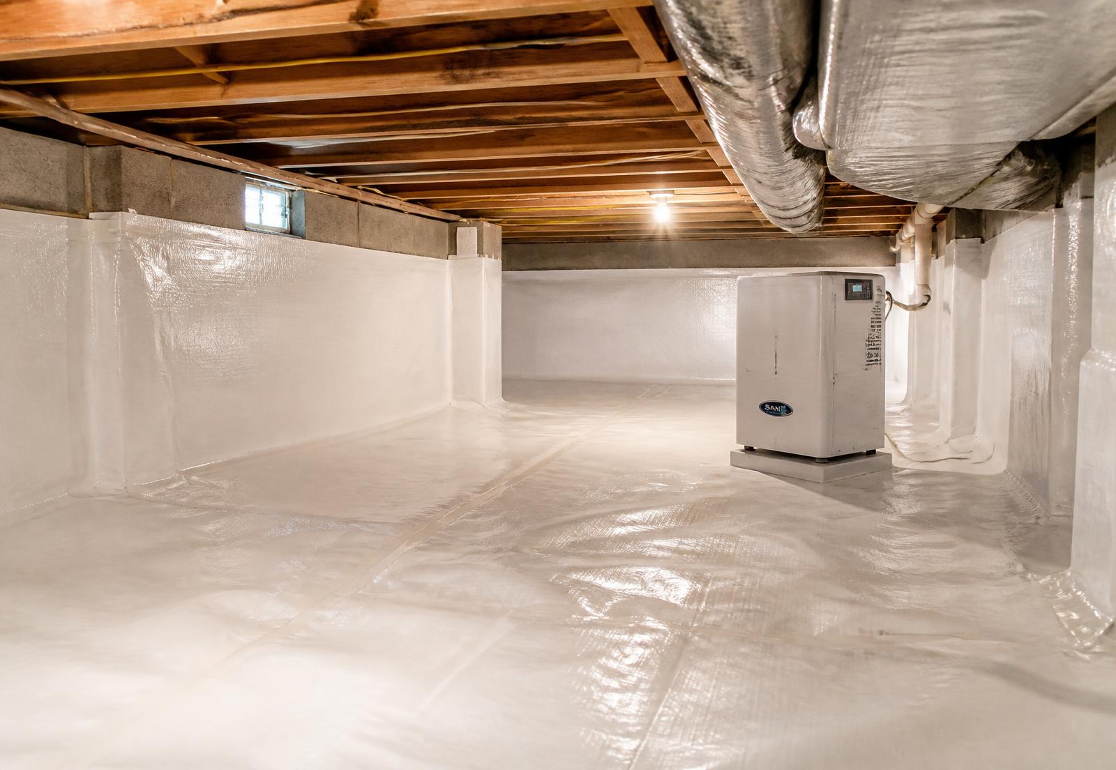 Encapsulated Raleigh crawl space with a white 20-mil vapor barrier and dehumidifier